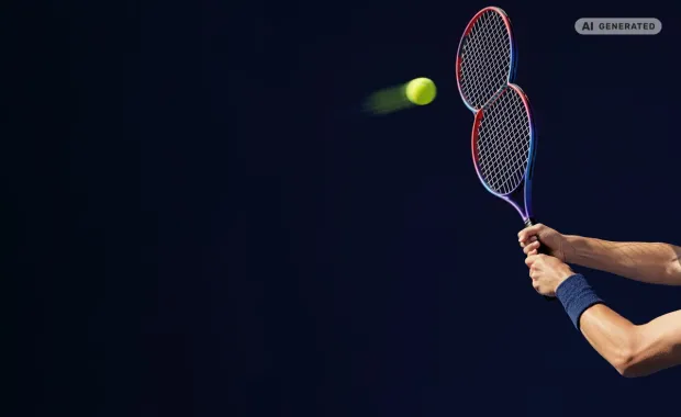 Tekoälyllä tuotettu kuvituskuva: kädet pitelevät tennismailaa, jossa on kaksi verkkoa.