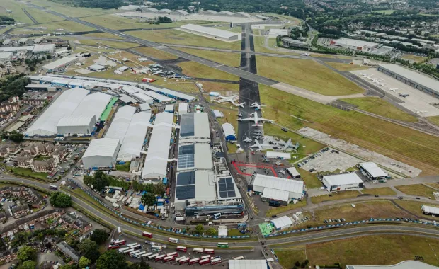 Aerial view of a large airport and exhibition complex