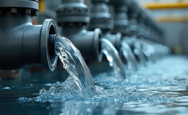 L'eau s'écoule des becs d'un tuyau industriel pour se déverser dans un bassin