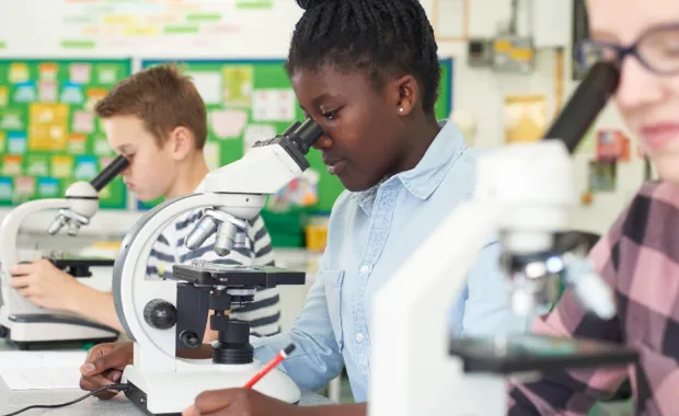 Children look into microscopes