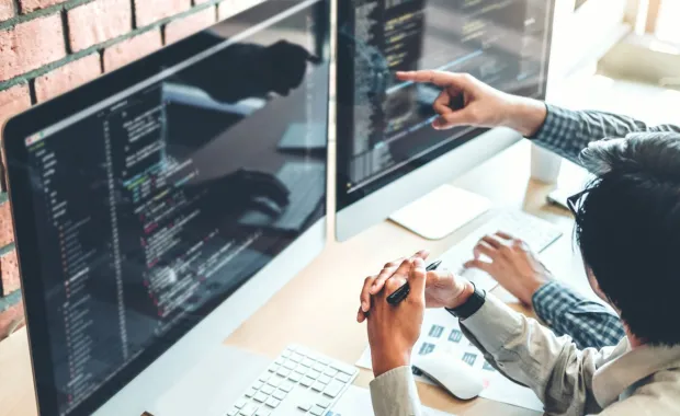 Consultant points to computer screen