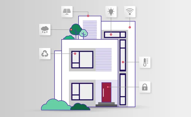 Illustrasjon av smartbygg med ikoner for digitale funksjoner – knyttet til CRA