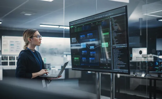 Cyber consultant on laptop looks at data on big screen