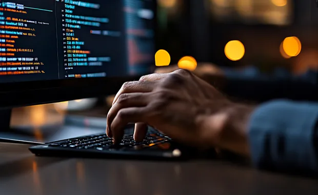 Image of hands on a keyboard in a dark work area