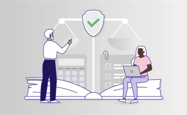 Illustration av två personer som samarbetar med datorer och dokument under en balansvåg med en grön bock i ett skyddsemblem, som symboliserar datasäkerhet och efterlevnad.