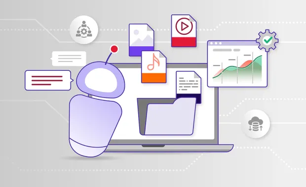 Illustration av en person som arbetar vid en dator med diagram, grafer och dokument runt omkring. Symboliserar dataanalys, rapportering och digitalt beslutsstöd.