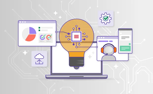 Illustration av en laptop med en glödlampa som innehåller ett mikrochip, omgiven av diagram, molntjänster, automatisering och digital support. Bilden symboliserar innovation, AI, dataanalys och digital transformation.