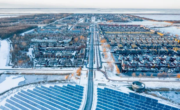 Aerial view of city after snow storm