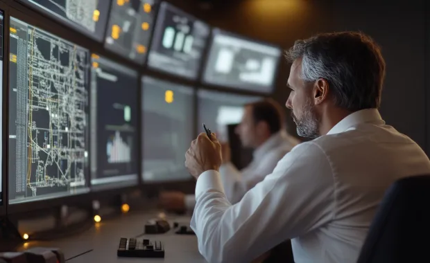 Engineers working on an energy control room interface
