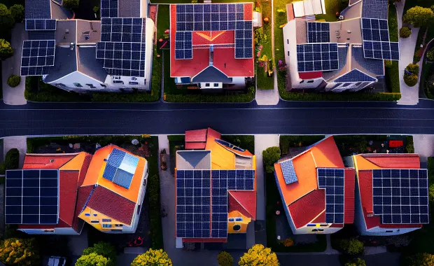 vue aérienne de toits de panneaux solaires dans une zone résidentielle