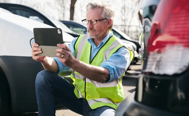Man looks over car to check it’s functionality
