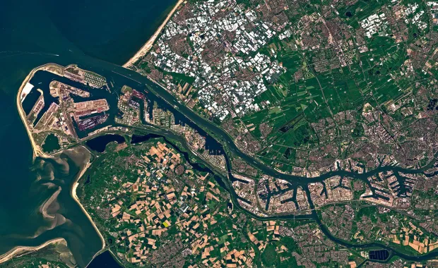 View of port and surrounding city taken by satellite