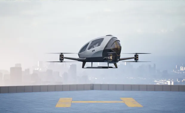 Automated aircraft taking off from helipad