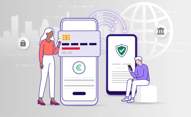 Illustration zum digitalen Euro mit Smartphone, Zahlungskarte und Sicherheits- sowie Banksymbolen.