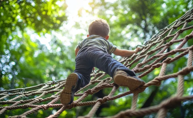 Junge klettert auf einem Netz-Klettergerüst