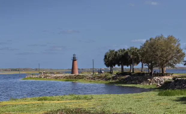 View of a lighthouse at a Kissimmee, Florida lakefront park