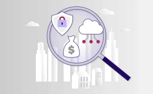 Illustration av ett förstoringsglas som fokuserar på tre digitala ikoner: ett låst säkerhetssköld, en pengasäck och ett moln med nätverkskopplingar. I bakgrunden syns en stadssilhuett i grå toner, vilket antyder analys av digitala risker, cybersäkerhet och ekonomi i urbana miljöer.