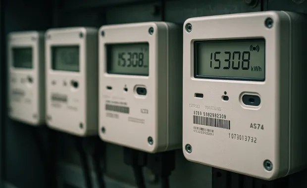 Rekke med Aidon målere montert på vegg.