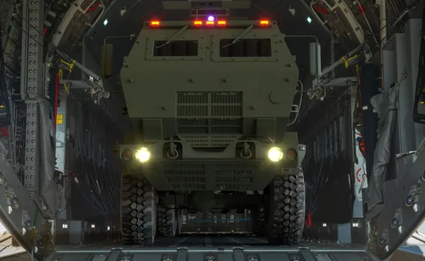 Military vehicle inside a cargo aircraft