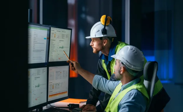 Two utilities workers looking at data o computer screen in an OT environment