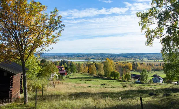 Utsikt över ett öppet landskap på den svenska landsbygden med ängar, träd och några mindre byggnader. I bakgrunden syns skogar och fält under en blå himmel med lätta moln.