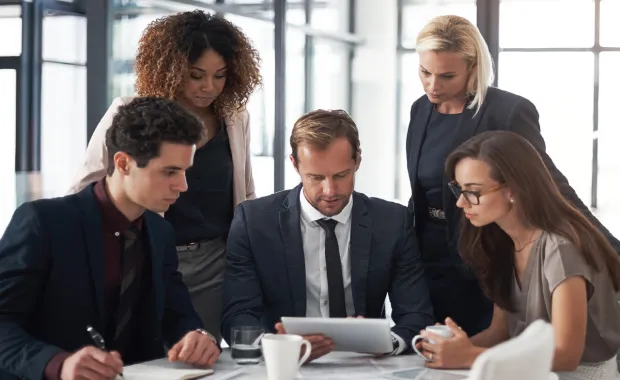 A group of professionals reading a document together
