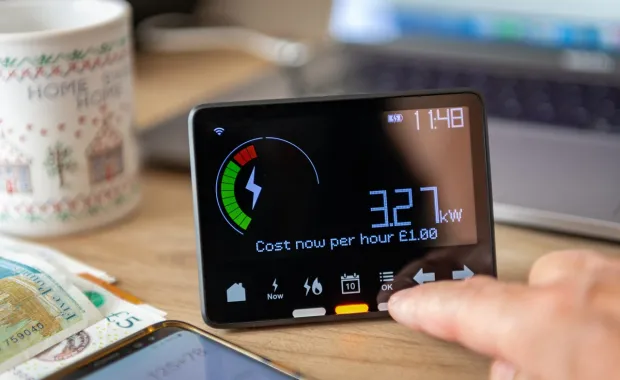 Person tapping touch screen smart meter