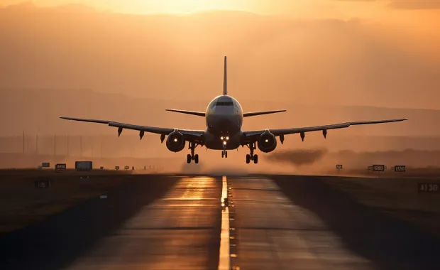 plane taking off at sunset