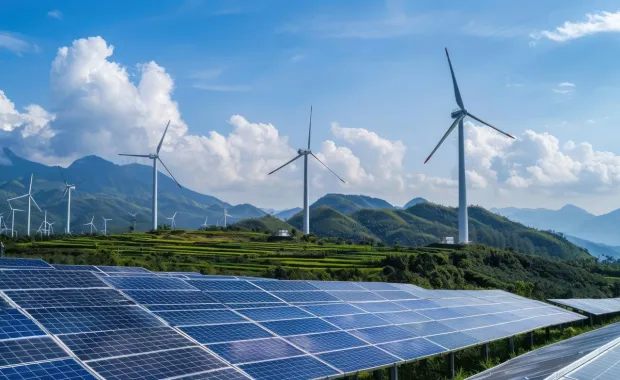 A renewable energy farm with solar panels and multiple wind turbines on a grassy hill