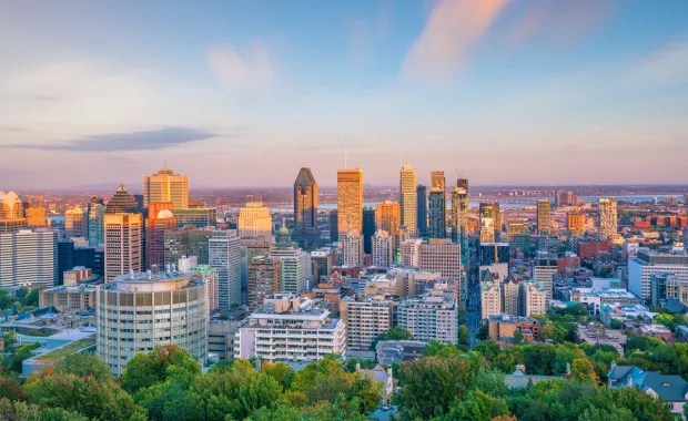 Rooftop view of Montreal, Canada at sunset