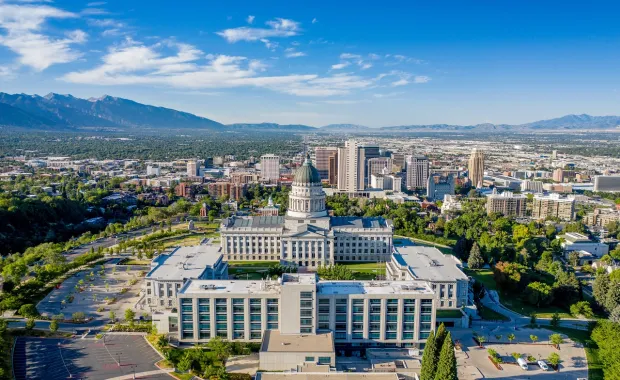 Aerial view of Utah State Capitol building in Salt Lake City