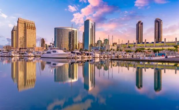 San Diego, California skyline with boats in the water