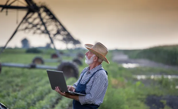 Une personne dans un champs en train de consulter son ordinateur