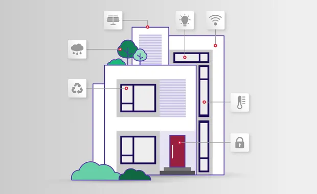 Illustration av ett smart hem med ikoner som visar uppkopplade funktioner som belysning, värme, säkerhet, återvinning och väderkontroll.
