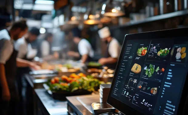 En digital skärm i ett restaurangkök visar maträtter och beställningar. I bakgrunden arbetar flera kockar fokuserat med matlagning i ett professionellt, välorganiserat kök. Grönsaker och råvaror är synliga i förgrunden.