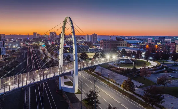 A bridge over a road in downtown Spokane, WA