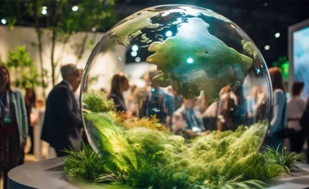 En glasglob med en modell av jorden och grön vegetation inuti står utställd på ett bord. I bakgrunden syns människor på ett event eller en mässa, vilket symboliserar hållbarhet och miljöfokus.