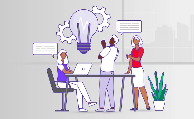 Illustration av ett team som samarbetar kring idéer. En stor glödlampa ovanför symboliserar innovation och kreativitet, medan personer diskuterar och presenterar tankar tillsammans.