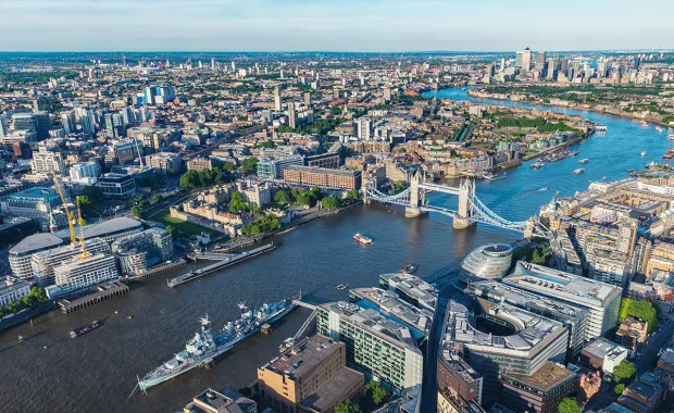 View of London City and the river Thames from above