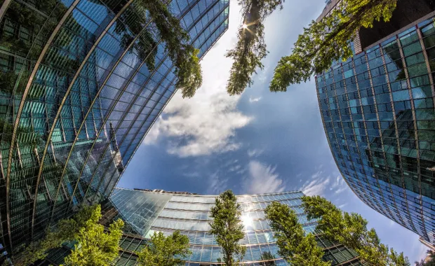 view of sky surrounded by glass skyscraper and trees