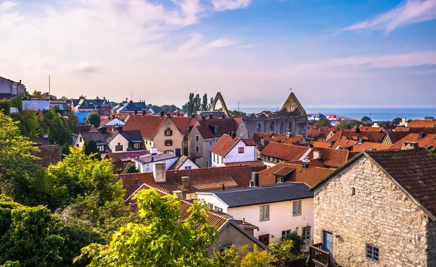 Panoramavy över en europeisk stad med tätt liggande hus med röda tegeltak. I bakgrunden syns historiska byggnader och grönska under en klar himmel.