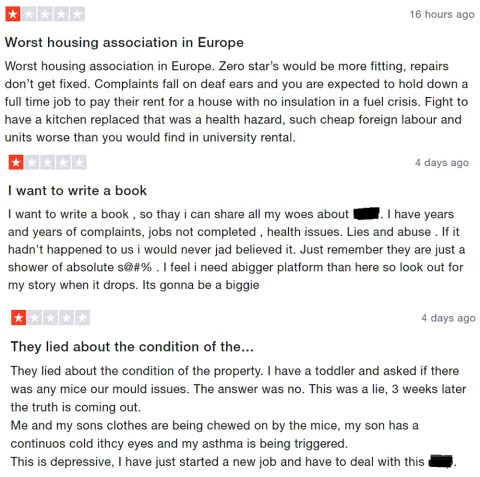 Three poor one star reviews of housing associations