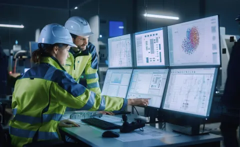 Workers in high-vis and hard hats point to computer screens Workers in high-vis and hard hats point to computer screens