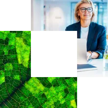 Pierre angulaire de l'IA : feuille verte et femme avec ordinateur portable