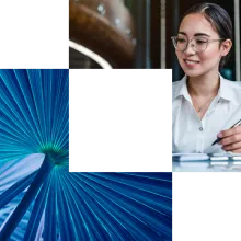 AI cornerstone, blue plant, consultant working on a laptop