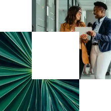 Cornerstone images showing close up of a palm leaf and two AI consultants talking