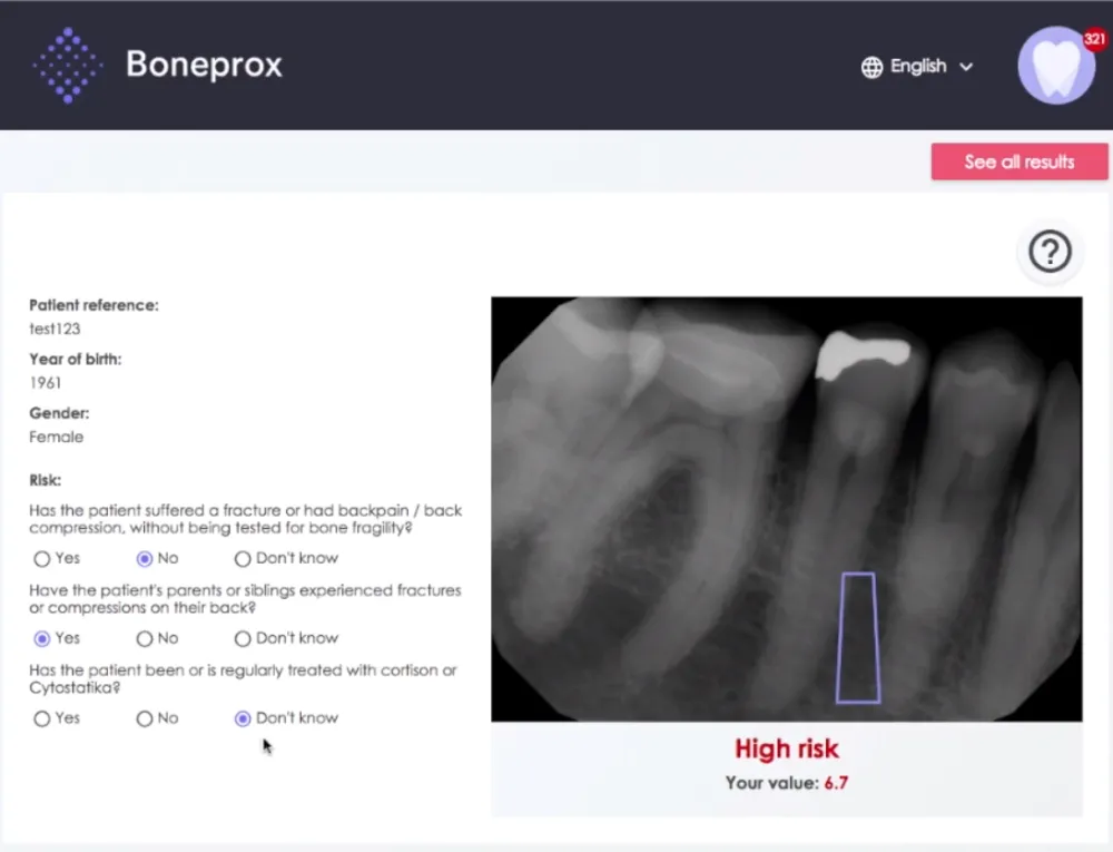Skjermbilde av Bonprox sin portal for analyse av tannrøntgenbilder