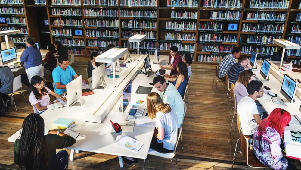 University student study online in a university library