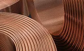 Close-up of coiled copper wire rolls