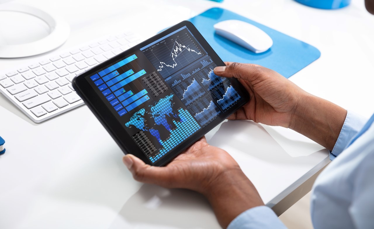 Tablet featuring financial data